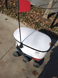 A small food delivery robot with a flag viewed from above.