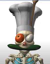 A ninetys looking computer generated bust of a skeleton wearing a chef hat with a tomato and egg in his eyes and a zuchini in his mouth.