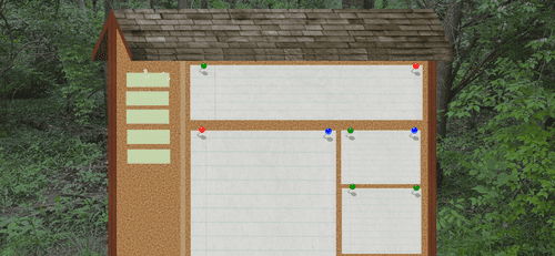A mockup of this website with textures and layout, but no text. It resembles a trailhead kiosk: a standing outdoors bulletin board with a roof.